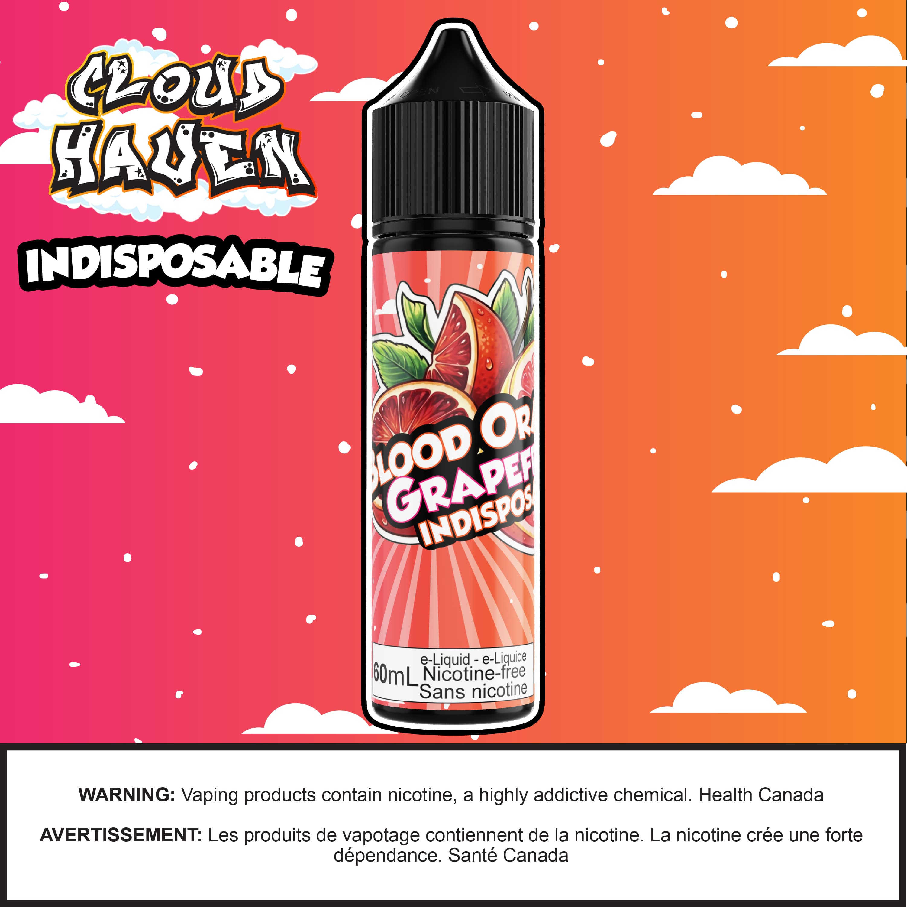 Cloud Haven - INDISPOSABLE Blood Orange Grapefruit salt nicotine e-liquid bottle