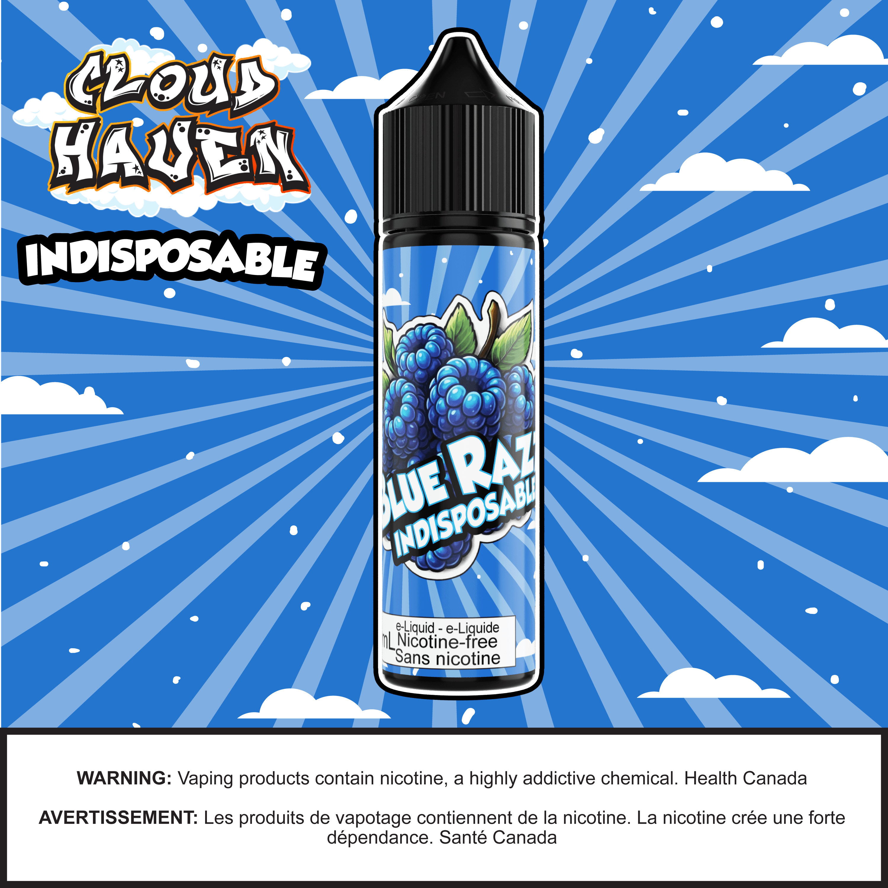 Cloud Haven - INDISPOSABLE Blue Razz salt nicotine e-liquid bottle